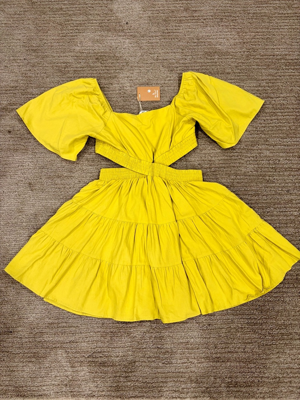 Velvet Yellow Tiered Cutout Puff-Sleeve Dress